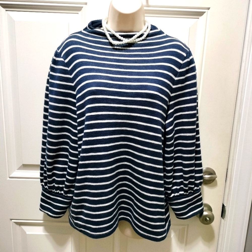 Madewell Women's Navy & White Striped Gathered Sleeve Mock Neck Top, Size XL